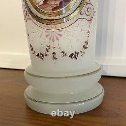 Antique Opaline White Glass Vase Hand Painted Purple Castle Landscape Scene