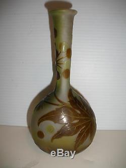 Antique Original Galle French Cameo Glass Banjo Vase Leaf & Berry Design Signed