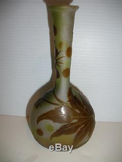 Antique Original Galle French Cameo Glass Banjo Vase Leaf & Berry Design Signed