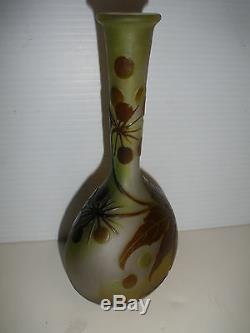 Antique Original Galle French Cameo Glass Banjo Vase Leaf & Berry Design Signed