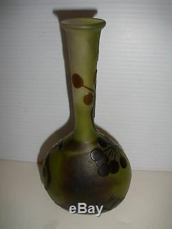 Antique Original Galle French Cameo Glass Banjo Vase Leaf & Berry Design Signed