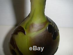 Antique Original Galle French Cameo Glass Banjo Vase Leaf & Berry Design Signed