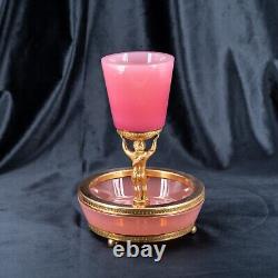 Antique PINK Opaline Glass Vase French Centrepiece Bowl Cherub Angel Bronze