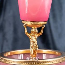 Antique PINK Opaline Glass Vase French Centrepiece Bowl Cherub Angel Bronze