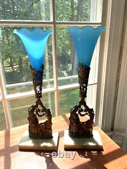 Antique Pair French Blue Opaline Glass Trumpet Vases with Brass & marble stands