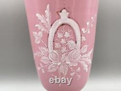 Antique Pink French Opaline Vase Hand Painted Victorian Floral Design 10 1/2in