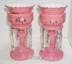 Antique Pink & White Cased Glass Mantle Luster Pair withFrench Cut Prisms & Enamel