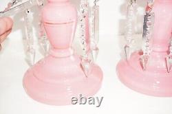 Antique Pink & White Cased Glass Mantle Luster Pair withFrench Cut Prisms & Enamel