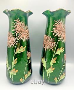 Antique Pr French Glass Vases Mont Joye Legras Aventurine Art Nouveau Enamel Mum