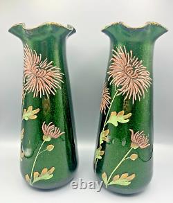 Antique Pr French Glass Vases Mont Joye Legras Aventurine Art Nouveau Enamel Mum