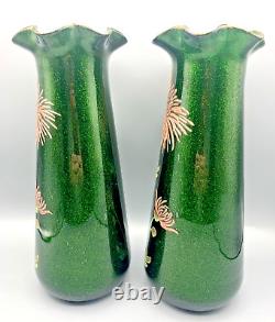 Antique Pr French Glass Vases Mont Joye Legras Aventurine Art Nouveau Enamel Mum