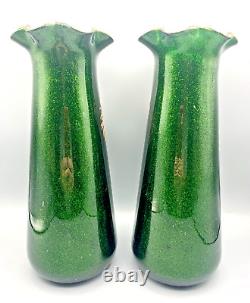 Antique Pr French Glass Vases Mont Joye Legras Aventurine Art Nouveau Enamel Mum