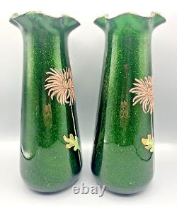 Antique Pr French Glass Vases Mont Joye Legras Aventurine Art Nouveau Enamel Mum