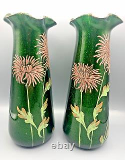 Antique Pr French Glass Vases Mont Joye Legras Aventurine Art Nouveau Enamel Mum