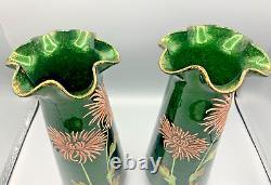Antique Pr French Glass Vases Mont Joye Legras Aventurine Art Nouveau Enamel Mum