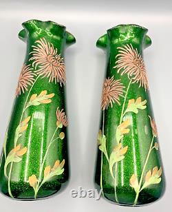 Antique Pr French Glass Vases Mont Joye Legras Aventurine Art Nouveau Enamel Mum