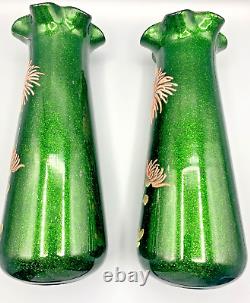 Antique Pr French Glass Vases Mont Joye Legras Aventurine Art Nouveau Enamel Mum