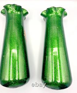 Antique Pr French Glass Vases Mont Joye Legras Aventurine Art Nouveau Enamel Mum