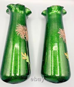 Antique Pr French Glass Vases Mont Joye Legras Aventurine Art Nouveau Enamel Mum