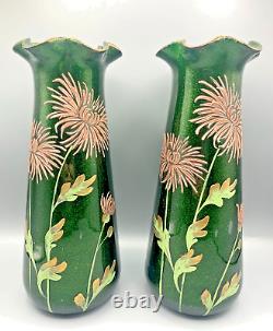 Antique Pr French Glass Vases Mont Joye Legras Aventurine Art Nouveau Enamel Mum