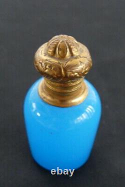 Antique Rare French Blue Opaline Glass Stand up Perfume Flask Scent Chatelaine