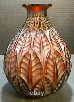 Antique Rene Lalique French Malesherbes Red/Amber Art Glass Vase 9.13x6.5x6.5