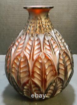 Antique Rene Lalique French Malesherbes Red/Amber Art Glass Vase 9.13x6.5x6.5