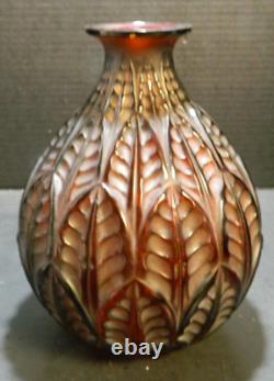 Antique Rene Lalique French Malesherbes Red/Amber Art Glass Vase 9.13x6.5x6.5