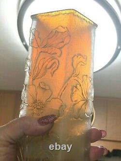 Antique Signed Daum Nancy Cameo Art Glass Cut Vase Raised Gilt Edged Flowers