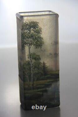 Antique Signed Lamartine French Cameo Enamel Art Glass Landscape Sceinc Vase Le