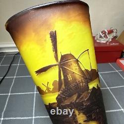 Antique Tall Muller Fres Luneville French Cameo Glass Vase Windmill Scene