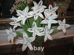 Antique VERY Rare French Glass Bead Flower (12) arrangement in cut glass vase