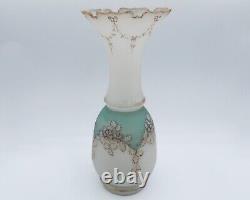 Antique Victorian European Hand Enameled Opaline Satin Glass Vase Teal Gold 10