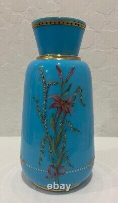 Antique Victorian French Blue Opaline Enameled Glass Floral Vase 7 3/4
