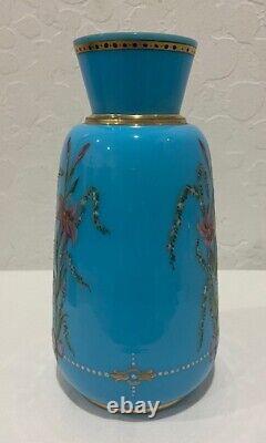 Antique Victorian French Blue Opaline Enameled Glass Floral Vase 7 3/4