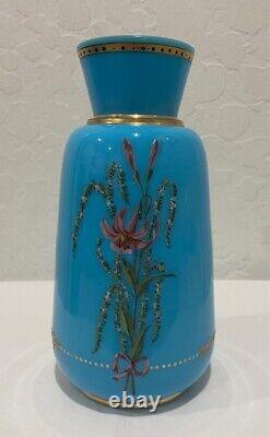 Antique Victorian French Blue Opaline Enameled Glass Floral Vase 7 3/4