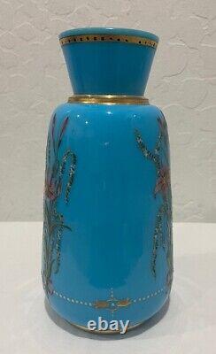 Antique Victorian French Blue Opaline Enameled Glass Floral Vase 7 3/4