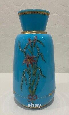 Antique Victorian French Blue Opaline Enameled Glass Floral Vase 7 3/4