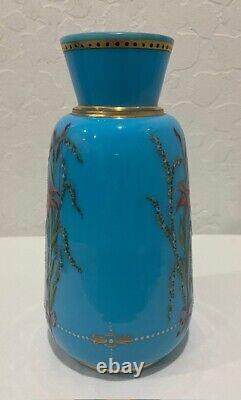 Antique Victorian French Blue Opaline Enameled Glass Floral Vase 7 3/4