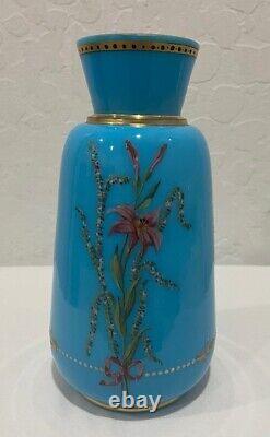 Antique Victorian French Blue Opaline Enameled Glass Floral Vase 7 3/4