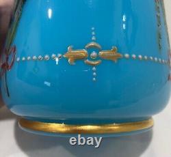 Antique Victorian French Blue Opaline Enameled Glass Floral Vase 7 3/4