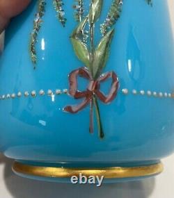 Antique Victorian French Blue Opaline Enameled Glass Floral Vase 7 3/4