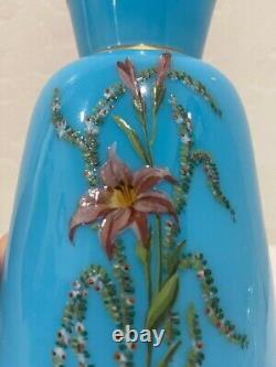 Antique Victorian French Blue Opaline Enameled Glass Floral Vase 7 3/4