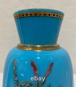 Antique Victorian French Blue Opaline Enameled Glass Floral Vase 7 3/4