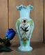Antique Victorian French Blue Opaline Glass Enameled Hand Painted Vase