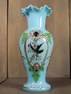 Antique Victorian French Blue Opaline Glass Enameled Hand Painted Vase