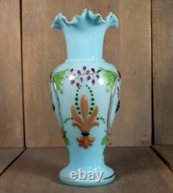 Antique Victorian French Blue Opaline Glass Enameled Hand Painted Vase