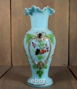 Antique Victorian French Blue Opaline Glass Enameled Hand Painted Vase