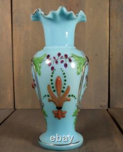 Antique Victorian French Blue Opaline Glass Enameled Hand Painted Vase
