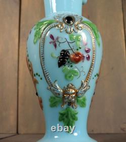 Antique Victorian French Blue Opaline Glass Enameled Hand Painted Vase